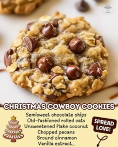 an advertisement for christmas cowboy cookies with chocolate chips and almonds