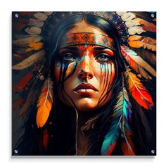 a native american woman with feathers on her head and eyes, painted in bright colors