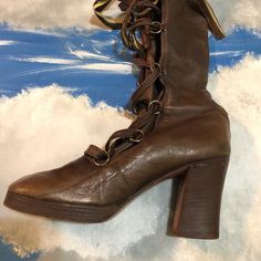 "SUPER RARE - JERRY EDOUARD - Vintage 60s 70s Gogo Boots - Brown Leather with Front Lace Ups I do have many more pairs of super amazing Vtg Boots & Vintage in my Etsy Shop...or contact me if you are looking for something specific! SUPER RARE & COLLECTABLE! ONE PAIR ONLY DON'T MISS OUT LOVE ROCKS VINTAGE ITEM DETAILS & DESCRIPTION . Made by the famous \"Jerry Edouard\" Boot Designer that similar boots were worn by Kate Judson in Almost Famous Move. . Brown Leather . Front Lace Up Fron Penny Lane Shoes, Vintage Lace-up Boots With Pointed Toe And Leather Sole, Vintage Lace-up Boots With Leather Sole For Formal Occasions, Vintage Fitted Lace-up Boots For Fall, Fitted Vintage Lace-up Boots For Fall, Vintage Brown High Heel Lace-up Boots, Vintage High Heel Lace-up Boots For Fall, Vintage Style Mid-calf Boots With Round Toe, Vintage Lace-up Boots For Formal Occasions