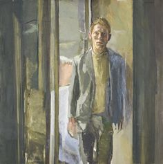 a painting of a man standing in front of a window