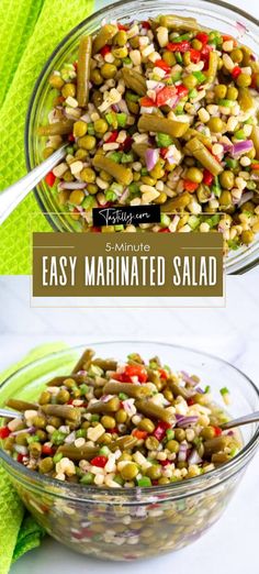 two bowls filled with different types of food and the words easy marinated salad above them