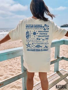 Get ready for your next beach vacation with our matching vacation t-shirts.  Customize your vacation shirts with your family name and location!  We use professional quality DGT printing on all our apparel. Direct-to-garment, or DTG, is a high quality printing method that sprays ink directly onto the garment so there is no peeling or cracking. This fabulous graphic will be printed on a Bella+Canvas Unisex Tee. Order your regular size for a slim fit and size up for an oversized fit. Please refer t Obx Family Vacation Shirts, Vacation Group Shirts, Beach Shirt Aesthetic, Cute Oversized Shirts Summer, Custom Print T-shirt For Beach Vacation, White Summer T-shirt With Custom Print, White Short Sleeve Camp Shirt With Custom Print, Short Sleeve T-shirt For Summer Activities, White Custom Print Short Sleeve Camp Shirt