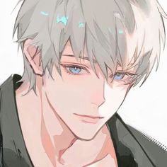 an anime character with white hair and blue eyes looking at the camera while wearing a black jacket