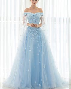 light blue tulle appliqued off the shoulder evening gown Light Blue Wedding Dress, Korean Wedding Dress, Snowflake Dress, Minimal Dress, Blue Evening Gowns, Light Blue Wedding, Blue Tulle, Blue Wedding Dresses, Tulle Ball Gown