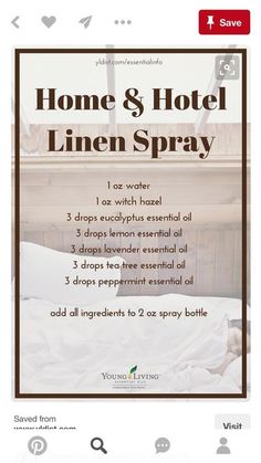 Essential Oil Sprays, Linen Spray Recipe, Linen Spray Essential Oils, Pinstripe Bedding, Essential Oil Spray Recipes, Hotel Linen, Essential Oil Diffuser Blends Recipes, Young Living Essential Oils Recipes, Perfume Recipes