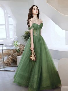 Prom Dress Green, Tulle Long Prom Dress, Green Evening Dress, Green Tulle, A Line Evening Dress, Tulle Sleeves, Green A, فستان سهرة, Custom Size Dresses