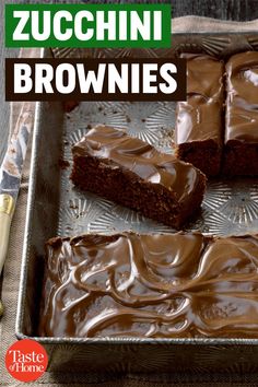 chocolate zucchini brownies in a baking pan with the title overlay reading zucchini brownies