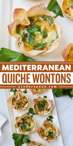 mediterranean quiche wontons on a white platter with fresh herbs and garnishes