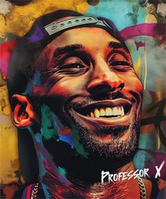 a painting of a smiling man with the words professor x on his forehead and head