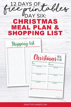 christmas meal plan and shopping list with the text 12 days of printables