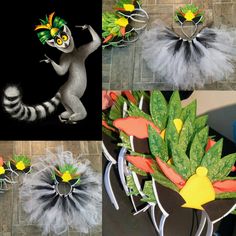 several pictures of different costumes made to look like animals and plants, including a racoon