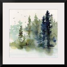 a watercolor painting of trees and birds flying in the sky