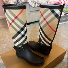 Brand New Burberry Rain Boots With Box And Cleaner Size 6 Burberry Boots, Plastic Boots, Burberry Rain Boots, Womens Rain Boots, Burberry Black, Burberry Shoes, Wellington Boots, Rubber Boots, Burberry Women