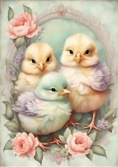 three little chicks sitting on top of each other in front of flowers and leaves with pink roses around them