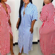 Long Blue Stripped Button Down Dress. From Sugar Popped White Dress Casual, Classy Short Dresses, Fashionable Work Outfit, Plus Size Maxi Dress, Red And White Dress, Business Casual Outfits For Work, Blue Maxi Dress, Casual White Dress, Plus Size Maxi