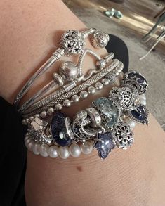 Pandora Bracelet On Wrist, Pandora Bracelet Stack, Pandora Bracelet Aesthetic, Pandora Stack, Bracelet Stack Ideas, Pandora Bracelet Charms Ideas, Pandora Bracelet Designs, Dope Jewelry