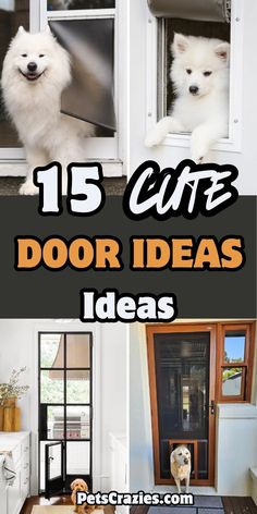 "Image displays four different dog door ideas featuring stylish and functional designs. The text '15 Cute Door Ideas' is prominently shown in bold, playful fonts over a collage of dog doors. Designs include a large door with a flexible flap for a fluffy dog, a clear glass door for a small pet, a sleek black-framed door insert, and a wooden screen door with a built-in pet entry. The theme focuses on creative and cute solutions for pet access in various home styles." Dog Door Decoration, Exterior Pet Door, Interior Dog Door, Dog Door For French Door, Window Dog Door, Glass Dog Door, Dog Door Ideas, Sliding Glass Dog Door