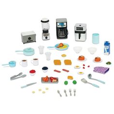 there are many different items in this play kitchen set that include coffee maker, toaster, measuring spoons and more