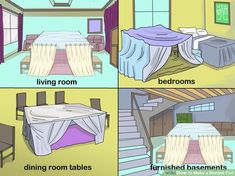 four different rooms with beds, tables and chairs labeled in the following pictures are shown