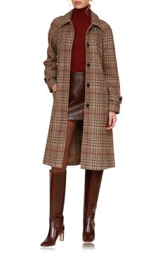 A sweeping length and trench-style belt create a striking silhouette in a plaid coat lightly kissed with wool and refreshed with a buttoned back placket. 45 1/2" length (size Medium) Hidden-button placket Spread collar Adjustable button belted cuffs Front welt pockets Removable belt Lined 87% polyester, 13% wool Dry clean Imported 2024 Trench Coat Outfit, Brown Plaid Coat Outfit, Tartan Coat Outfit, Dress Coats For Women Classy, Burberry Style, Plaid Trench Coat Outfit, Plaid Outfits For Women, Winter Business Professional Outfits, Brown Plaid Coat