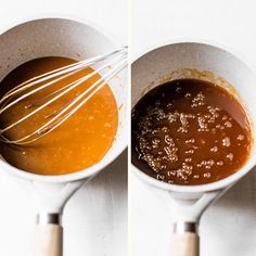 two pictures showing how to make caramel sauce with whisks in white bowls