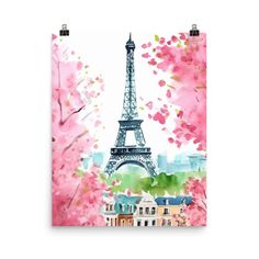 the eiffel tower in paris with pink flowers and trees around it on a white background