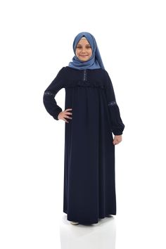 Havvanur Model Kids Hijab Dress Color: Navy Blue (Dark) Fabric Feature: It is made of crepe (cotton) fabric. It can be used in 4 seasons. Product Features: Our Havvanur children's hijab model is produced with crepe (cotton) fabric. It has a hidden button in the front and a yoke. It has embroidery on the sleeves and front. The handle is rubber. Note: This product is Navy Blue (Dark) in color. If you are looking for a different color, visit our Etys store. https://www.etsy.com/shop/MevlanaKidsAbay Girls Eid Dress, Khimar Niqab, Habits Musulmans, Eid Dress, Muslim Kids, Eid Dresses, Islamic Clothing, Childrens Dress, Hijab Dress