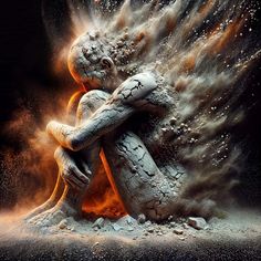 an artistic image of a person sitting in front of fire and water with their arms around each other