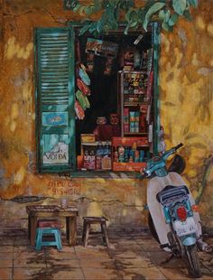 a painting of a moped parked in front of a store