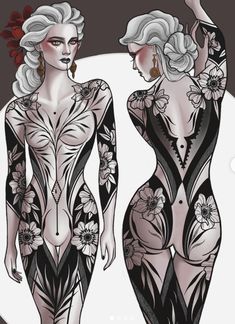 two women in bodysuits with flowers on them