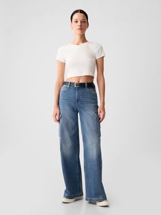 Fit: Fitted in the waist & hips with a full-length, relaxed wide leg.  This jean has a loose fit – Toddler Jeans, Carpenter Jeans, Easy Trendy Outfits, Jeans Boyfriend, Relaxed Fit Jeans, Cargo Jeans, Light Blue Denim, High Rise Jeans, Petite Fashion