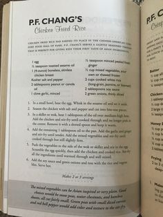 an open book with instructions on how to cook chicken and rice in it's pages