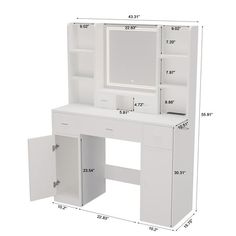 a white desk with drawers and a computer monitor on it's side, measurements