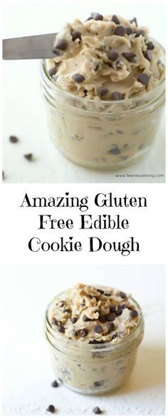 an image of cookie dough in a glass jar with chocolate chips on top and the words amazing gluon free edible cookie dough