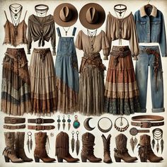 🌙✨ Discover the perfect blend of boho witchy chic and cowgirl style! This unique fashion aesthetic combines mystical bohemian vibes with rustic Western flair, featuring flowy dresses, layered skirts, fringe jackets, leather cowboy boots, and turquoise jewelry. Embrace the earthy tones, lace details, wide-brimmed hats, and crescent moon necklaces that capture this enchanting look. Ideal for free spirits who love boho fashion, Western style, and witchy accessories. Get inspired by this boho cowgirl vibe to create your own spellbinding wardrobe! 🌵🖤  Love the boho cowgirl vibe? Shop these gorgeous cowgirl boots and flowy skirts by clicking the link. ✨ Affiliate link, no extra cost to you! Shop the look: https://amzn.to/3ZNVIjm Bohemian Witch Outfit, Westerncore Outfit, Country Witch Aesthetic, Hippie Cowgirl Outfits, Western Hippie Outfits, Western Hippie Aesthetic, Boho Witchy Outfits, Boho Church Outfit, Goth Western Aesthetic