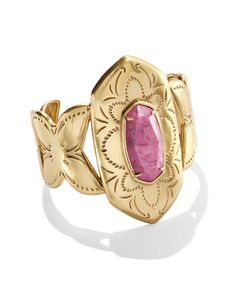 You better hold on to your hat—the Keziah Vintage Gold Cuff Bracelet in Raspberry Variegated Magnesite is here and ready to make a statement. From its oversized frame and vintage-inspired metal to bold stone center and etched detailing, this charming cuff will make you want to show off. This bracelet is a part of Yellow Rose by Kendra Scott—a brand that celebrates ranch life with Kendra Scott staples alongside select curated jewelry pieces and accessories. Metal Vintage 23k Yellow Gold Over Bras Gold Cuff Bracelet, Bar Jewelry, Gold Cocktail Ring, Ranch Life, Gold Statement Earrings, Gold Statement Necklace, Gold Bracelet Cuff, Zodiac Jewelry, Gold Cuffs