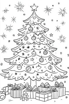 A festive line drawing of a Christmas tree with ornaments and gifts, perfect for Christmas tree coloring pages, christmas tree coloring pages, christmas tree coloring pages for kids, and christmas tree coloring pages free. Christmas Tree Coloring Sheet, Cute Christmas Coloring Sheets, Christmas Coloring Pages Free Printable, Xmas Coloring Pages, Christmas Coloring Pages For Adults, Free Printable Christmas Coloring Pages, Holiday Coloring Pages, Christmas Tree Coloring