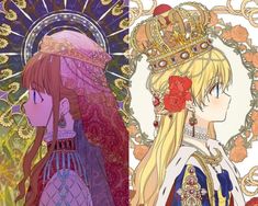 two anime characters, one with long blonde hair and the other with red flowers on her head