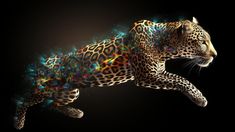 a leopard with colorful spots on it's body is in the air and appears to be floating