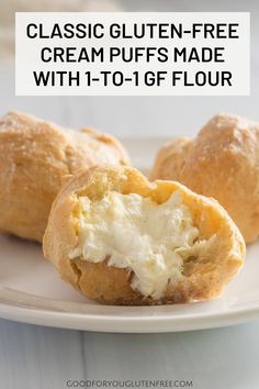 two cream puffs on a white plate with text overlay reading classic gluten - free cream puffs made with 1 to 10 - 16f flour