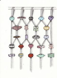 a drawing of an art piece with many different colored beads on the strings and in front of it is a white background