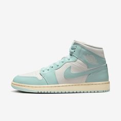 The Air Jordan 1 Mid brings full-court style and premium comfort to an iconic look. Its Air-Sole unit cushions play on the hardwood, while the padded collar gives you a supportive feel. Air Jordan 1 Mid Baby Blue, Cute Jordan 1 For Women, Nike Trendy Shoes, Teal Jordans, Air Jordan 1 Mid Women, Girls Nike Shoes, Nike Air Jordan Mid, Cute Jordans, Hoco Inspo