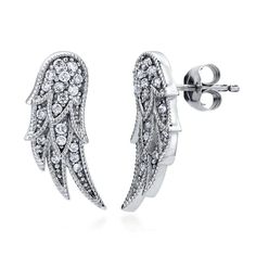 PRICES MAY VARY. 【METAL】 These angel wings stud earrings are crafted with fine real solid sterling silver, stamped 925, plated with rhodium to enhance shine and durability. 【STONE】 Set with 0.19 ct.tw round cubic zirconia CZ (1mm) in pave setting. Berricle Zirconia is created in a way that truly replicates the cut, clarity and sparkle of a diamond. 【MEASUREMENTS】Earring measures 0.67"(L), 0.3"(W). Posts with butterfly backs. These angel wings stud earrings flutter with divine brilliance for an e Silver Angel Wings, Cubic Zirconia Jewelry, Cz Stud Earrings, Pave Setting, Stunning Jewellery, Silver Earrings Studs, Angel Wings, Jewelry Earrings Studs, Post Earrings