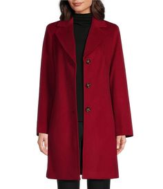 Donna Karan Wool Blend Notch Collar Button Front Single Breasted Reefer Coat | Dillard's Red Wool Coat, Women's A Line Dresses, Notch Collar, Crochet Clothing, Plus Sized, Cashmere Coat, Tailored Jacket, Notched Collar, A Line Dresses