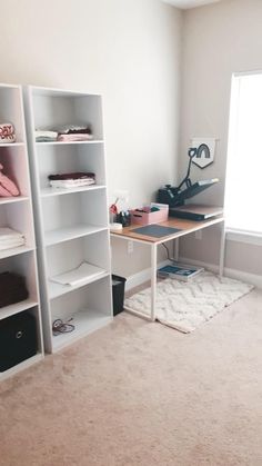 a room with a desk and shelves in it