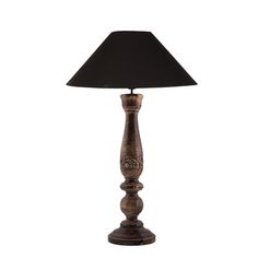 a wooden lamp with a black shade on it