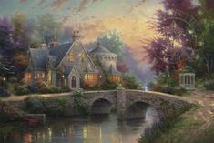 a painting of a house on a bridge over a river with trees and flowers in the background