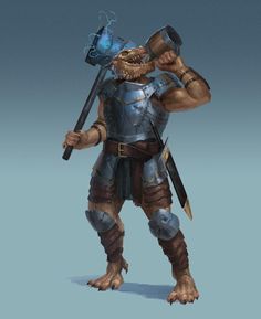 an animated character in armor holding a hammer and wearing a helmet with his hands behind his head