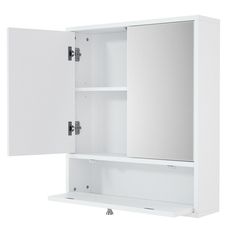 the medicine cabinet is white and has two doors on each side, one door open