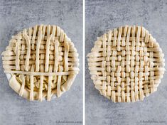 two pictures side by side of an apple pie with latticed crust on the top